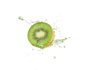 Poster Many shapes splash water into the back of kiwifruit on a white background. Real shooting © bunbok