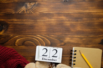 Twenty second day of winter month calendar december with copy space