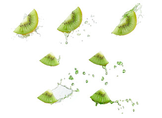 Many shapes splash water into the back of kiwifruit on a white background. Real shooting