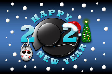 Happy new year 2021 and hockey puck with mask, hockey stick and Christmas hat. Creative design pattern for greeting card, banner, poster, flyer, party invitation, calendar. Vector illustration