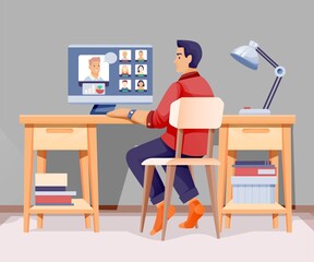 Man working in modern home office. Room for work interior design background. Cosy area for working vector illustration. Young guy worker sitting in chair at computer at house