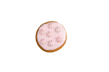 Christmas circle gingerbread homemade cookies decorated with blue icing, decoreted stas, isolation on white, not perfect