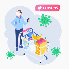 Obraz na płótnie Canvas Isometric Man in face mask shopping at supermarket during COVID-19 epidemic. Coronavirus panic buying. Buyer with shopping cart. Virus prevention, wearing mask, buy foods. Cartoon flat vector