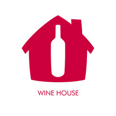 Logotipo con texto Wine House con silueta de botella de vino en casa en color granate