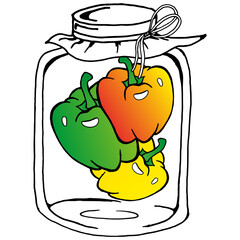 Pickled sweet peppers in glass jar. Vector illustration of a peppers in a jar. Hand drawn pickled bell peppers in glass jar.