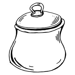 Soup pot. Vector illustration of a pot of porridge. Hand drawn kitchen pot. Pan with steaming food.