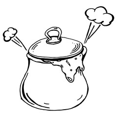 Soup pot. Vector illustration of a pot of porridge. Hand drawn kitchen pot. Pan with steaming food.