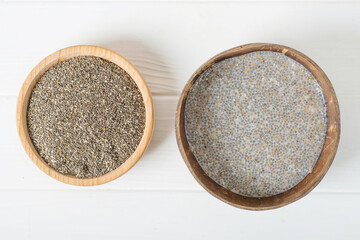 chia pudding ready and uncooked, Chia Seed with milk