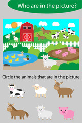 Circle the animals, game for children farm with animals cartoon style, education game for kids, preschool worksheet activity, task for the development of logical thinking, vector illustration