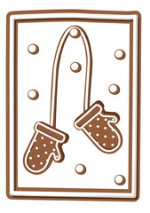 Gingerbread Christmas mittens in a gingerbread frame on an airy background. Vector. Svg.  Postcard.