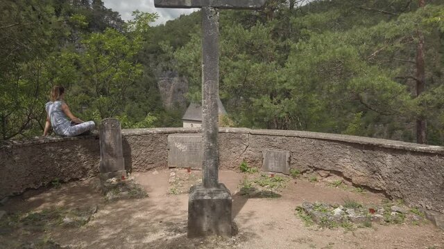 Sanctuary of San Romedio on a steep rocky spur in natural scenery. Panoramic view from top of Romedio shrine on a hill.
St. Romedio Sanctuary in San Zeno, Val di Non, Trentino, Italy.
