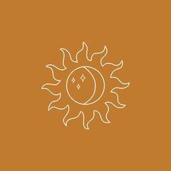 Magic logo sign of the sun, moon and stars inside the sun. Modern vector design in linear style