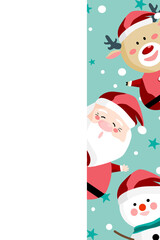 Happy Santa Claus and his friends standing on snow, greeting Christmas card, Happy cartoon character Santa Claus and snowman and reindeer standing over green background.