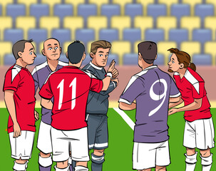 Football players gathered around the referee.