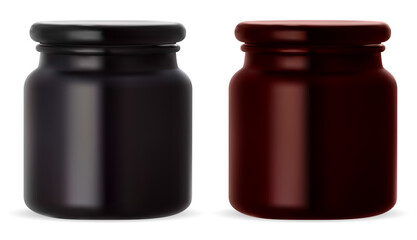 Cosmetic cream jar. Beauty botle blank for skin product. Black and broun glossy packaging for wax or scrub. Realistic can with cap for body creme or powder isolated on white background