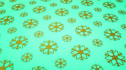 golden three-dimensional snowflakes on a blue background. 3d render illustration