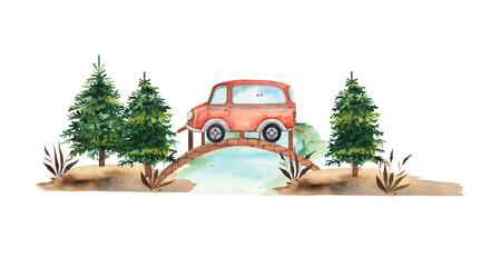Watercolor children composition with urban and public land transport