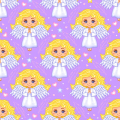 Angel with gold hair and blue wings seamless pattern. Violet Background.