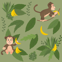 Monkey with bananas on jungle leaves vector illustration.