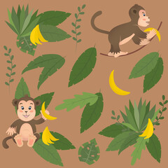 Monkey with bananas on jungle leaves vector illustration.