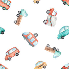 Watercolor children seamless pattern with cute urban and public land transport