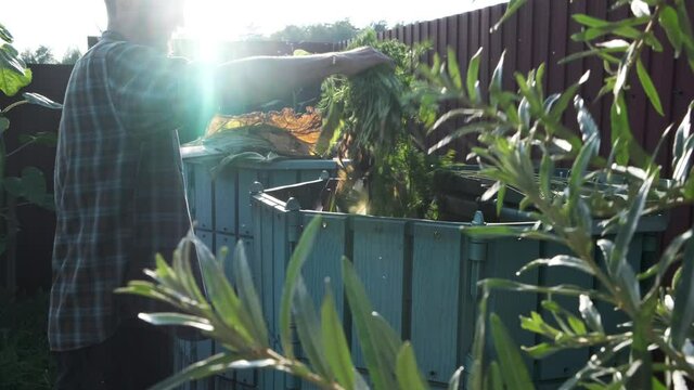 Farmer throws garden waste into compost heap to make organic fertilizer. Composting - eco-friendly recycling technology. Green waste leftovers to fertilizer. Sustainable living. Zero waste concept.