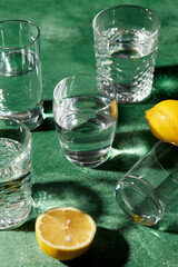 drink, detox and diet concept - glasses with water and lemons on emerald green background