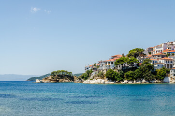 Fototapeta premium Evia island, Greece - June 28. 2020: Panorama of the tourist island of Skiathos in Greece