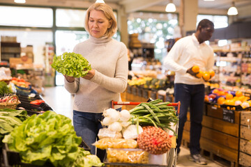 Focused middle aged woman shopping in organic food store, choosing fresh vegetables