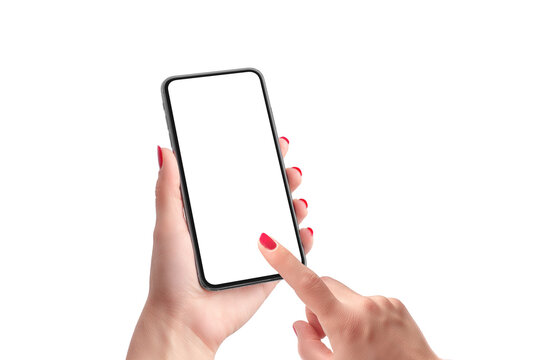 Phone Mockup In Woman Hands. Isolated Screen And Background. Right Hand Touch Phone Display Concept. Close-up