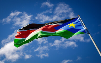 Beautiful national state flag of South Sudan fluttering at sky background. Low angle close-up South Sudan