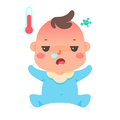 Cartoon baby Having a flu illness from a virus Make him feel hot Runny nose and cough