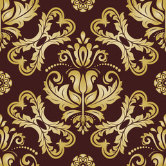Classic seamless vector pattern. Damask orient ornament. Classic vintage background. Brown and golden orient ornament for fabric, wallpaper and packaging