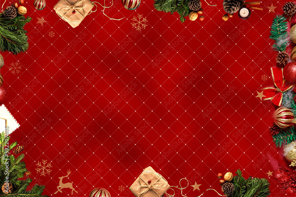 Poster merry christmas and new year greeting card with elegant frame made of realistic 3d xmas decoration o