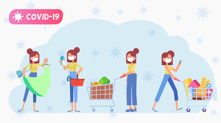 Fototapeta premium Woman in face mask shopping at supermarket during COVID-19 epidemic. Virus prevention, wearing mask, buy foods and supplies. Cartoon flat vector set