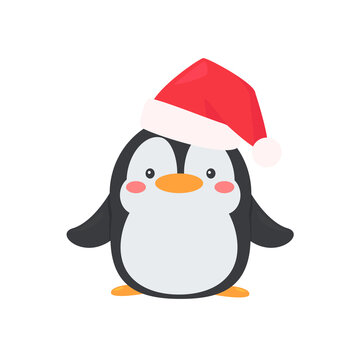 Cartoon penguin wearing a red christmas hat is happy in winter