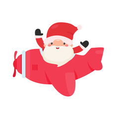 Cartoon santa drives a plane to send gifts to the kids on christmas