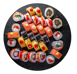 set of sushi roll with salmon, avocado, cream cheese, cucumber, rice, caviar, eel, tuna in black plate isolated on white background