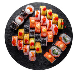 set of sushi roll with salmon, avocado, cream cheese, cucumber, rice, caviar, eel, tuna in black plate isolated on white background