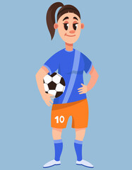 Female soccer player holding ball. Beautiful character in cartoon style.