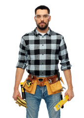 profession, construction and building - male worker or builder with level and tool belt over white background