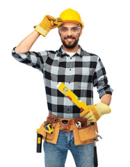 profession, construction and building - happy smiling male worker or builder in helmet with level...