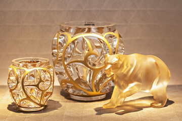 Gilded decorative bear figurine and glass flower vases - Home decor item.