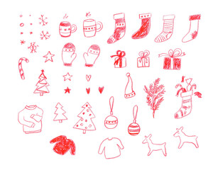 Set of christmas and new year icons hand drawn with red pencil snoflake sock gift mitten sweater candy heart star deer spruce