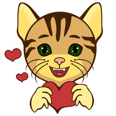 Emoticon with a funny happy cat in love that presses his hands to his chest a big red heart, vector clip art on a white isolated background