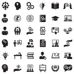 Knowledge And Thinking Icons. Black Flat Design. Vector Illustration.