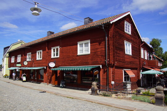 Eksjö, Jönköping County, Sweden - July 31, 2019: Traditional Swedish wooden building in the city center of Eksjö.