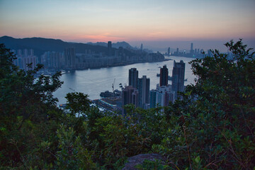 sunset over the sea of Victoria Harbour from Devil's Peak, Yau Tong, Hong Kong