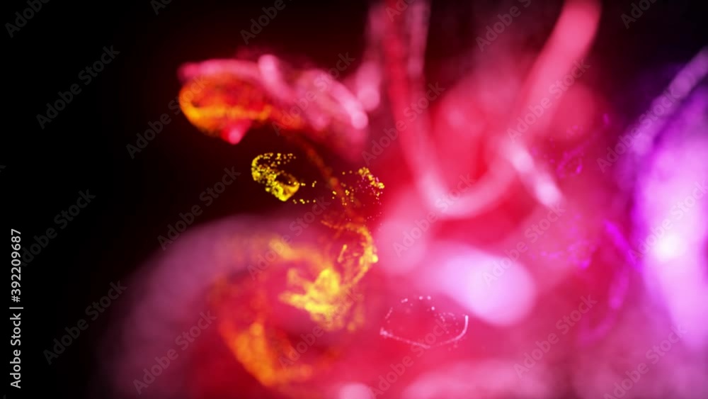 Poster injection of fluorescent red violet ink in water in 4k. 3d render of glow particles in ink flow. lum