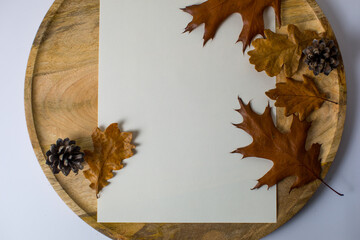 Blank white card mockup on round wooden plate. Autumn dry leaves in background. Modern template. Branding identity. Natural autumn, fall design. Flat lay, top view